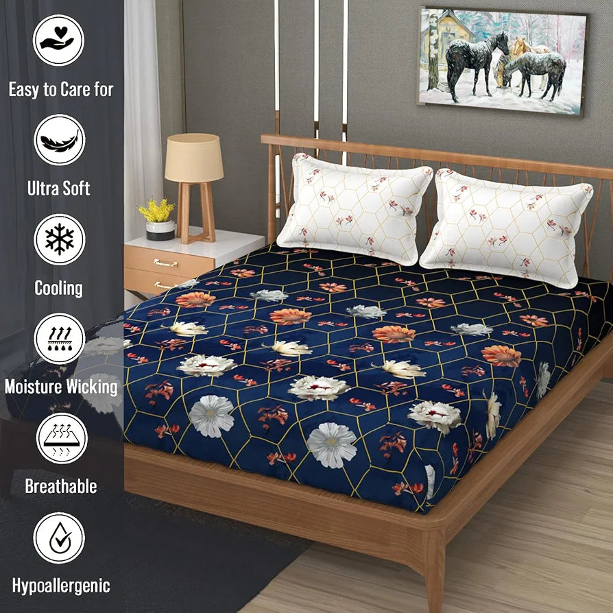 Fresh From Loom Floral Microfiber Cotton Bedsheet for Double Bed 240 TC King Size Soft Bed Sheet with 2 Pillow Cover Hexagon Royal Blue