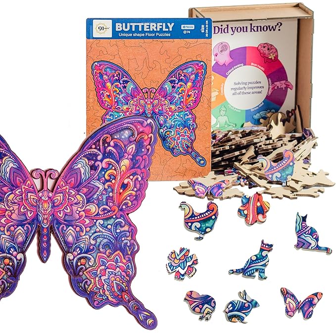 91knots Butterfly 72 Pieces Wooden Jigsaw Puzzle for Kids & Children 6+ | Animal Shape Butterfly Puzzle for 6-year Old Kids