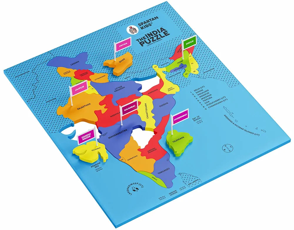 SPARTAN KIDS® India Map Puzzle, Learn Indian States & Capitals, Educational Toy for Ages 4-8, 25-Piece Jigsaw with Foam Frame, 33 Flags, 70 Capital Stickers, Geography Gift for Kids