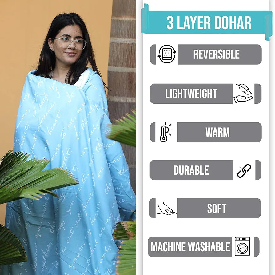 Divine Casa 120 GSM Microfiber Single Dohar Soft & Lightweight Throw Blanket Typographic Pattern Colour Sky Blue & White