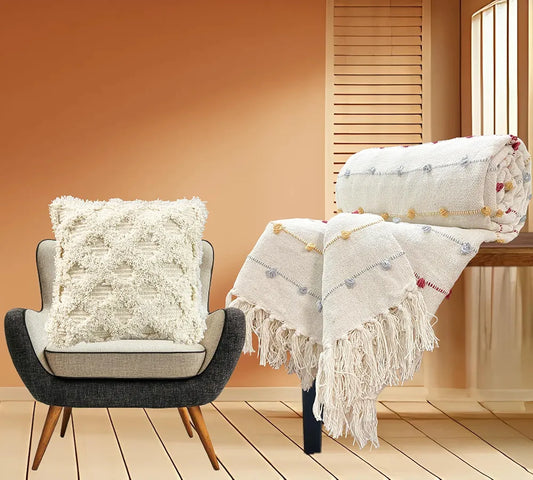 Sajavat Home Hand-Knitted Pure Cotton 3 Seater Sofa Throw Colour Beige Multi