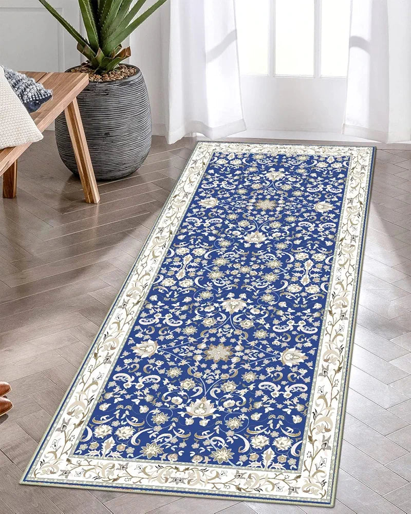 Ishro Home Velvet Premium Modern Runner Rug For Bedroom, Kitchen Colour Geometrical Blue
