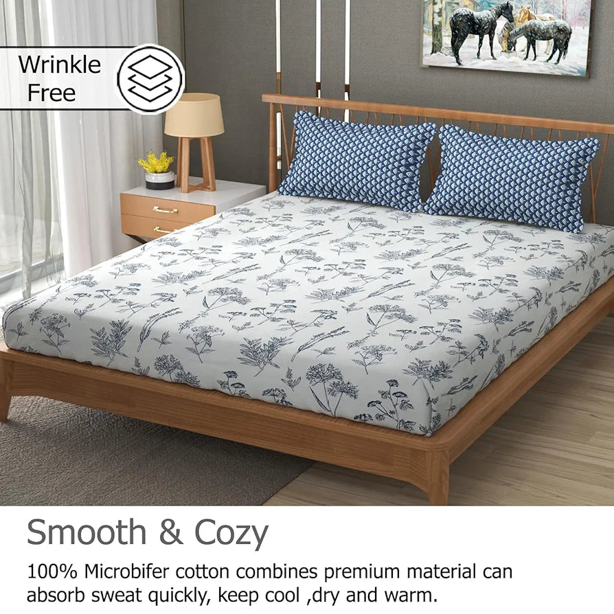 Fresh From Loom Floral XXL Bedsheet for Double Bed 240 TC King Size Bed Sheet with 2 Pillow Cover Blue Cream