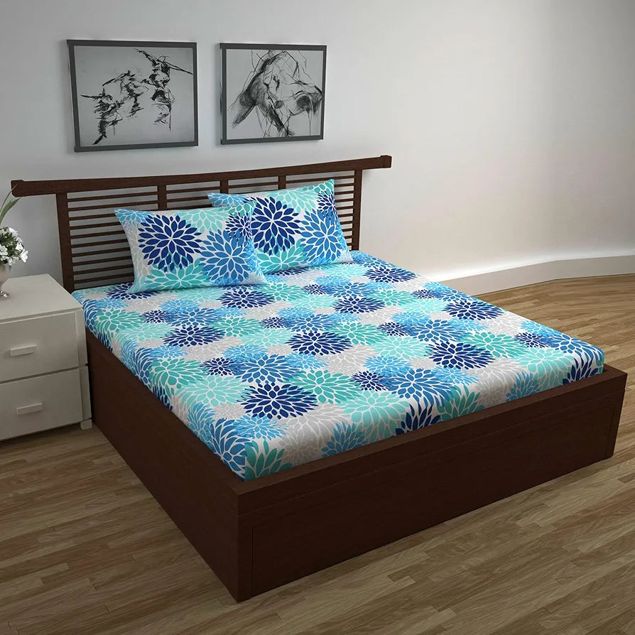 Divine Casa 144 TC Super Soft 100% Cotton Bedsheet for Double Bed 144 Thread Count Floral Colour Blue