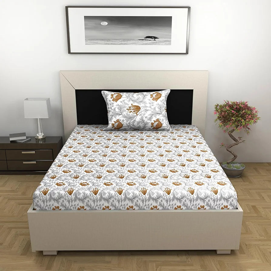 Divine Casa Bedsheet for Single Size Bed 144 TC Cotton Bedsheet for Single Size Bed with 1 Pillow Cover Floral Colour Amber Grey