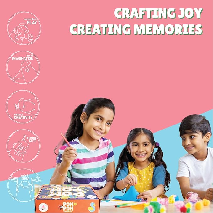 Kalakaram Diy Pom Pom Craft Kit for Kids | Create Adorable Pom Pom Crafts Using Pom Pom Balls | Pack of 250+ Pieces | Diy Kit for Kids