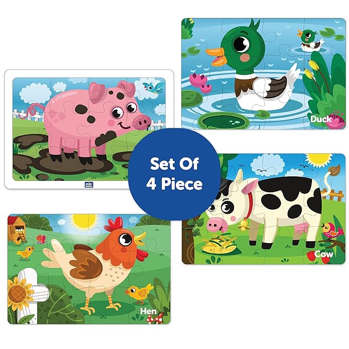 Mini Leaves 48 Piece Jigsaw Puzzle for Kids | Farm Animals | 4 in 1 Wooden Puzzles for Kids | Educational Toys for Kids