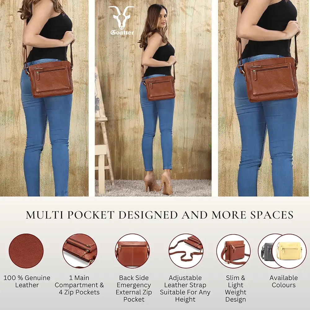 Goatter Genuine Leather 9" Inch Sling Cross-Body Bag For Women's