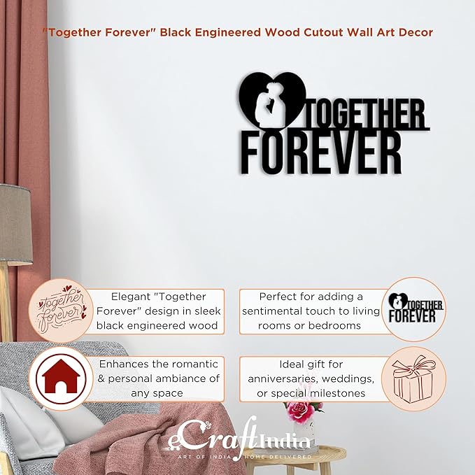 Ecraftindia Together Forever Black Engineered Wood Cutout Wall Art Decor | Wooden Wall Decor Item