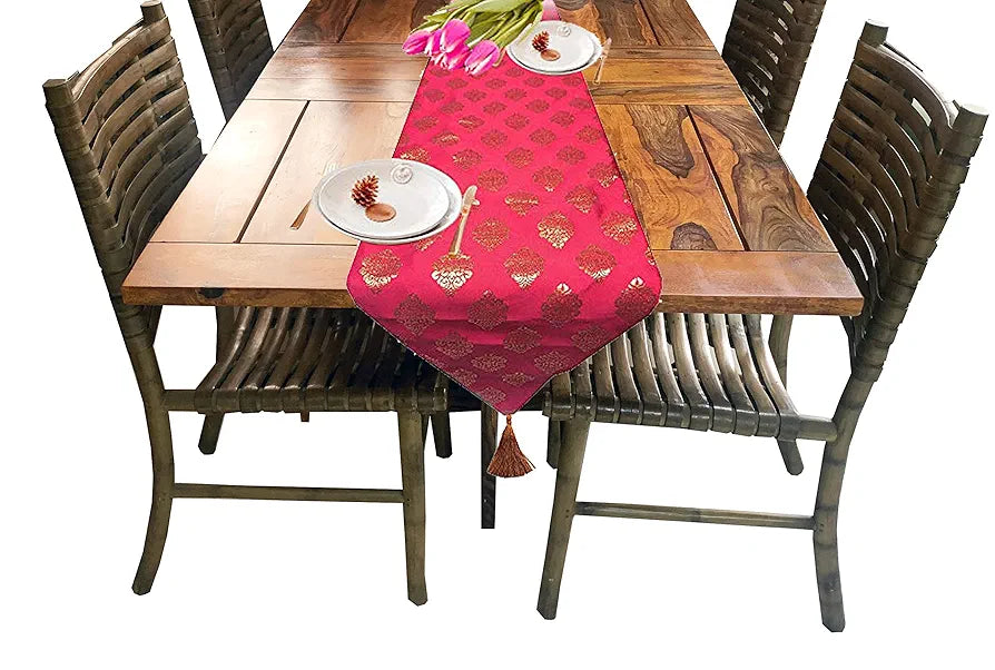Pink Parrot Jacquard Silk Table Runner Colour Red