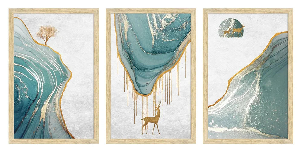 ArtX Paper Golden Deer Paintings with Frame Set of 3