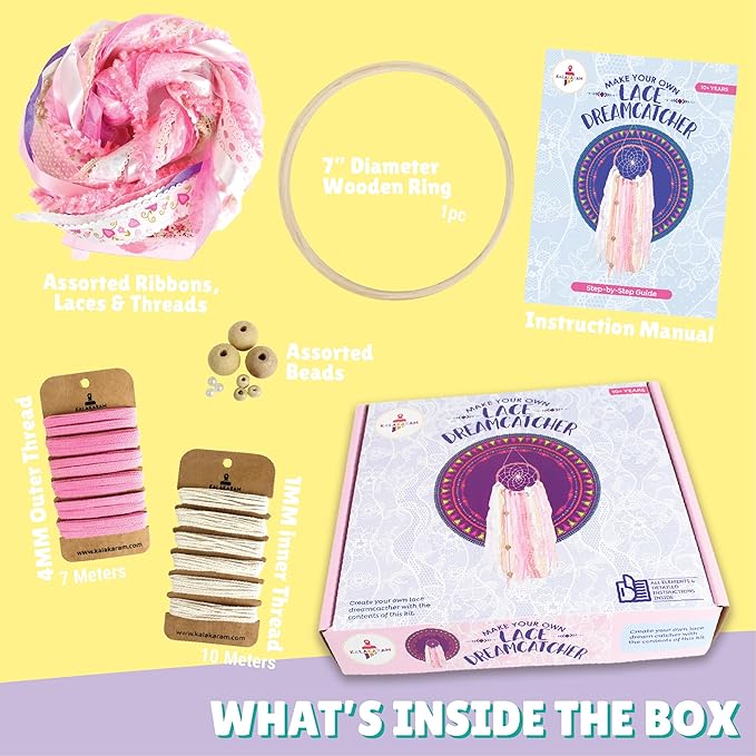 Kalakaram Diy Lace Dream Catcher Making Kit | Create a Stunning Magical Lacey Dream Catcher Using Wooden Ring | Activity Kit for Kids