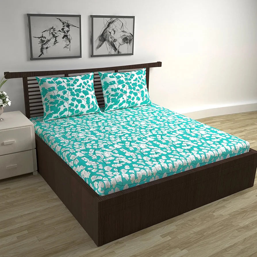 Divine Casa 144 TC Super Soft Cotton Bedsheet for Double Bed 144 Thread Count - Floral Colour Teal & White
