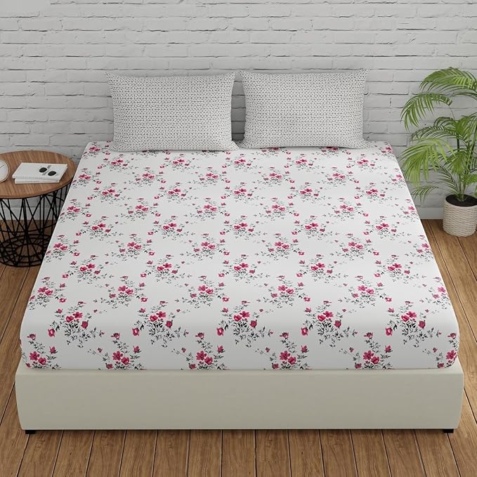 Huesland by Ahmedabad Cotton 144 TC King Size Bedsheet Cotton with 2 Pillow Covers | White, Light Coral & Grey