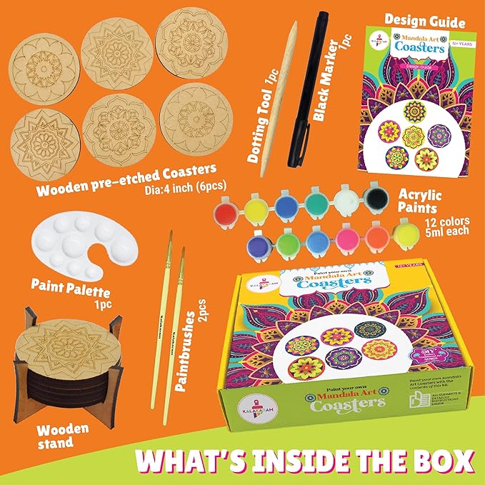 Kalakaram Diy Mandala Art Coasters Painting Kit | Create 6 Beautiful Coasters | Activity Kit for Kids