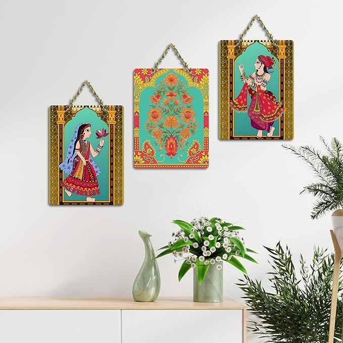 Artvibes Rajasthani Art Wooden Wall Hanging Decoration Item for Home | Set of 3