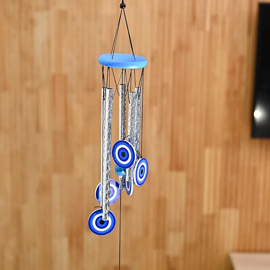 Evil Eye Wind Chimes for Home and Garden 4 Silver Pipe Wind Chime -015