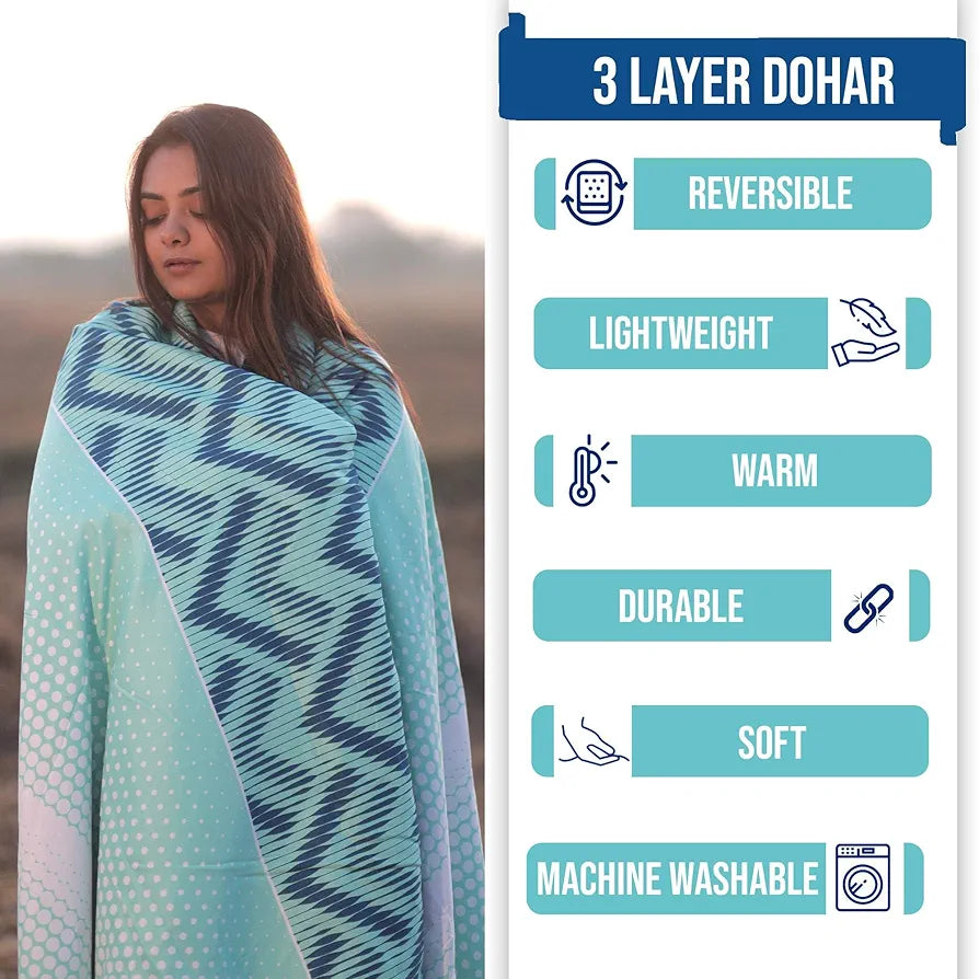 Divine Casa 120 GSM Microfiber Single Dohar Soft & Lightweight Throw Blanket Chevron Pattern Colour Aqua Chevron