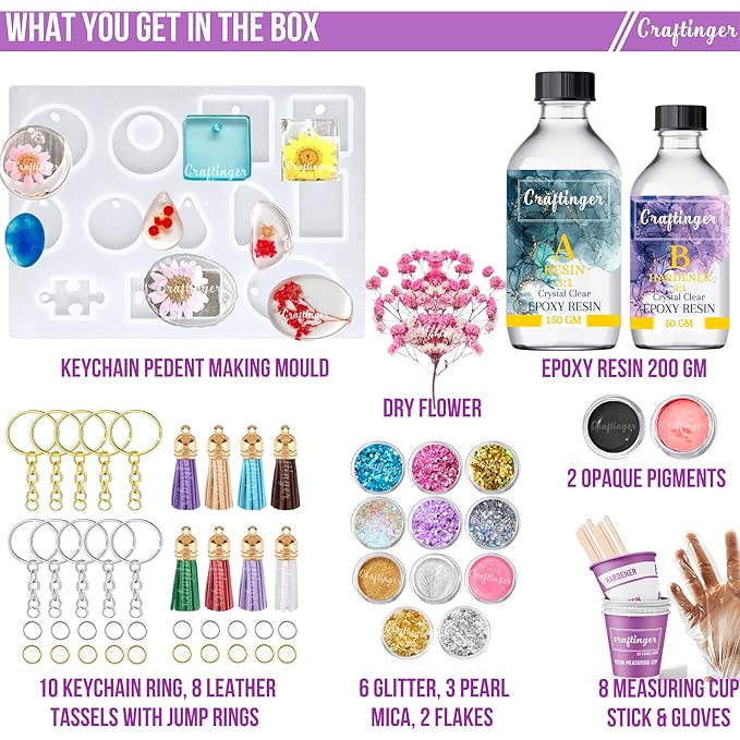 Craftinger Diy Resin Keychain Making Kit With 200gm Epoxy Resin & Mould, Tassels Glitter Pigments and More | Multicolor