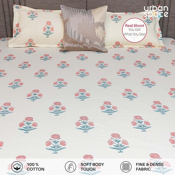 Urban Space Serene Cotton Bedsheet for Double Bed 2 Pillow Covers (Colour Sunflower Pomegranate Pink)