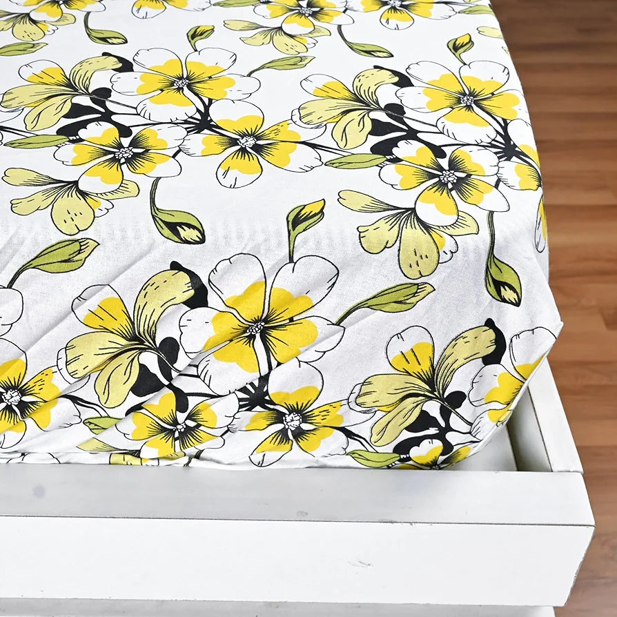 Divine Casa Floret 100% Cotton King Fitted Bedsheet 144 TC Deep Pocket Design Soft & Breathable Fabric Colour Daffodil Yellow