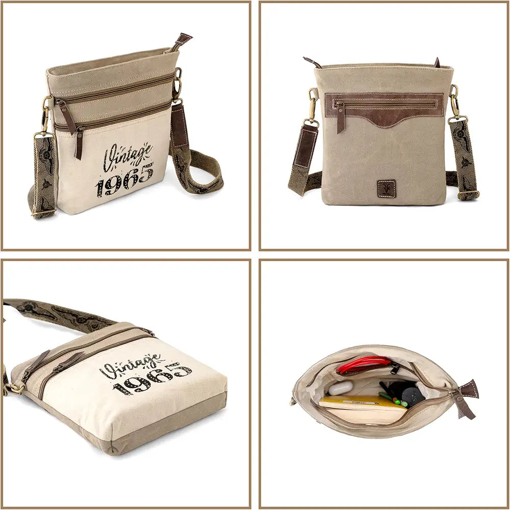 Goatter Canvas And Leather Material Mens Messenger Retro Sling Bag, Beige