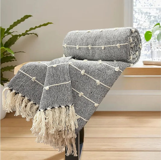 Sajavat Home Hand-Knitted Pure Cotton 3 Seater Sofa Throw Colour Black & Beige