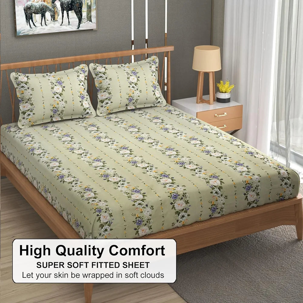 Fresh From Loom King Size Fitted Bedsheet Set 240 TC 2 Pillow Covers Pale Leaf Multicolor