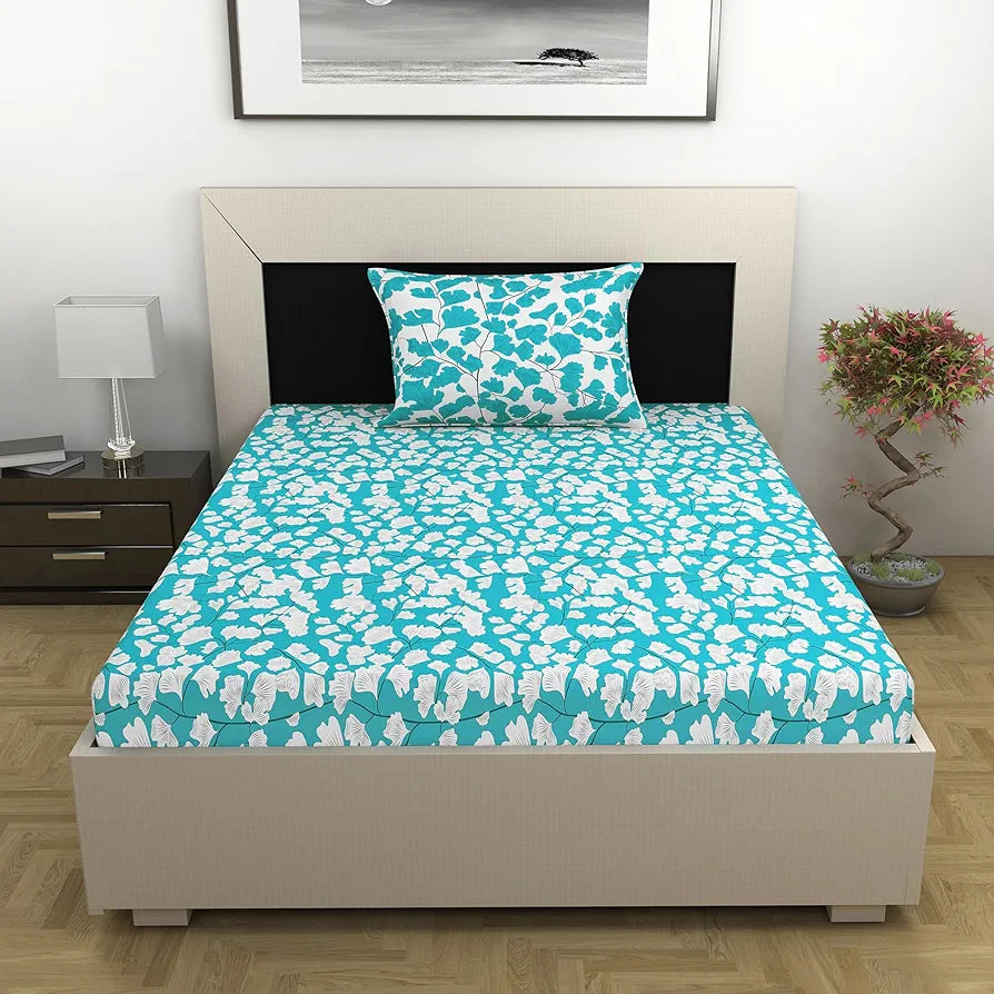 Divine Casa Bedsheet for Single Size Bed 144 TC Cotton Bedsheet for Single Size Bed with 1 Pillow Cover Floral Colour Aqua & White