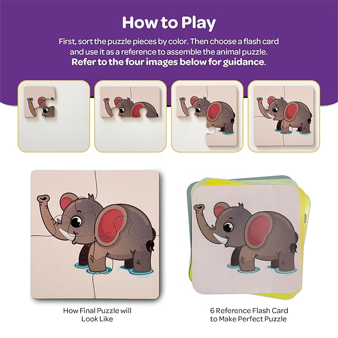 Mini Leaves 4 Piece Wooden Puzzle for Kids | Set of 6 Wild Animals Jigsaw Puzzle | Educational Puzzle Game With Wooden Box