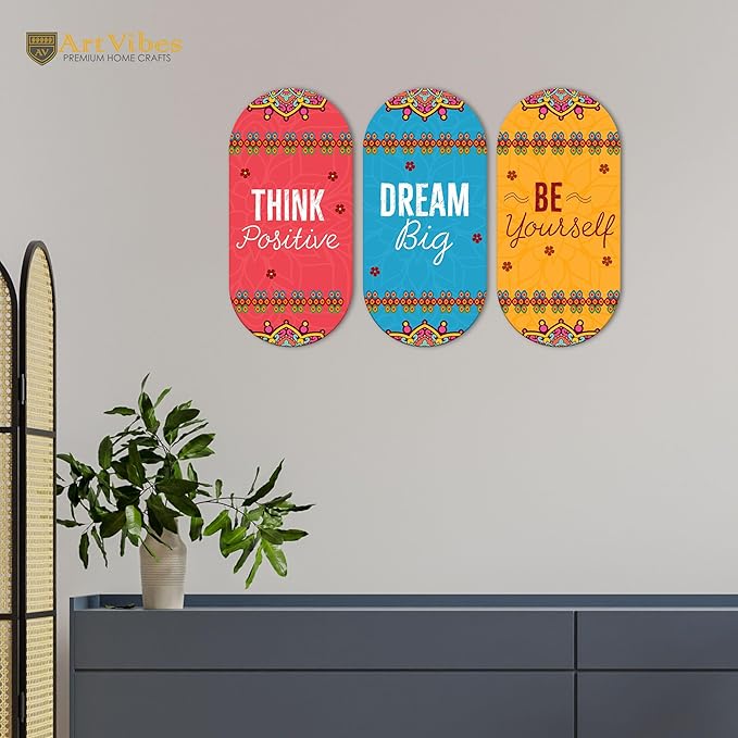 Artvibes Positive Quotes Printed Wooden Wall Hanger for Home | Set of 3