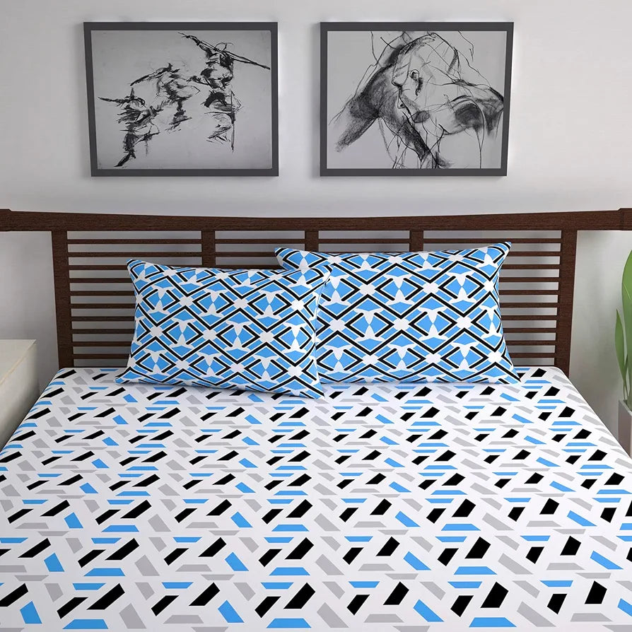 Divine Casa - 144 TC Super Soft Cotton Bedsheet for Double Bed 144 Thread Count Abstract Colour Grey & Blue
