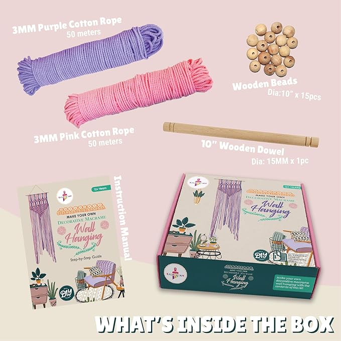 Kalakaram Diy Pink Purple Macrame Wall Hanging Making Kit | Diy Kit for Kids | Craft Kit for Girls | Activity Kit for Kids