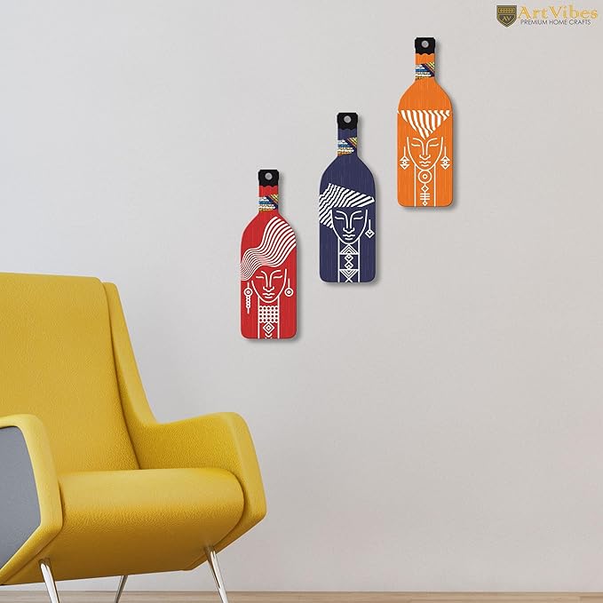 Artvibes Tribal Warli Art Wooden Wall Hanging for Home Decor | Set of 3