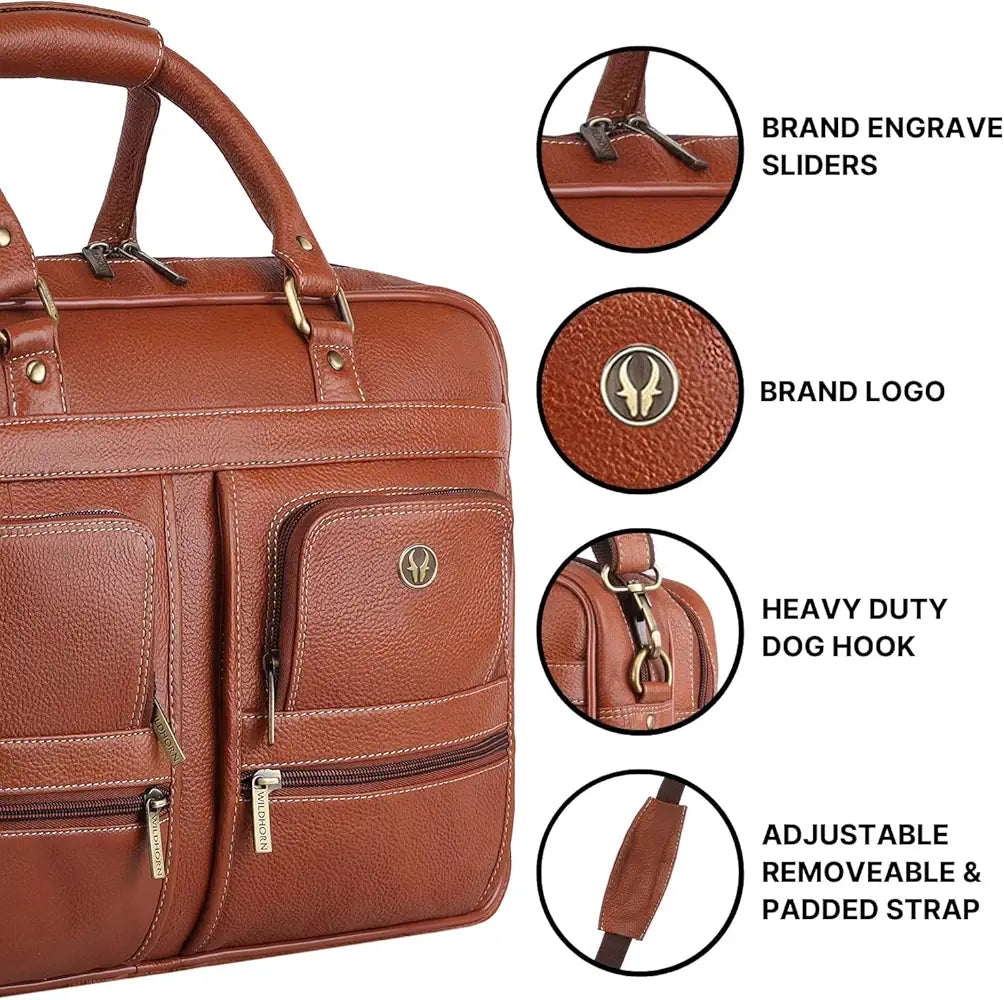 WildHorn Leather 15.6 inch Laptop Messenger Bag for Men I Multi- Pockets I Extra Storage I Carry Handles I Adjustable Strap