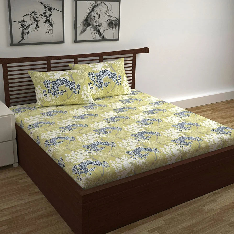 Divine Casa 144 TC Super Soft 100% Cotton Bedsheet for Double Bed 144 Thread Count Floral Lemon Drop