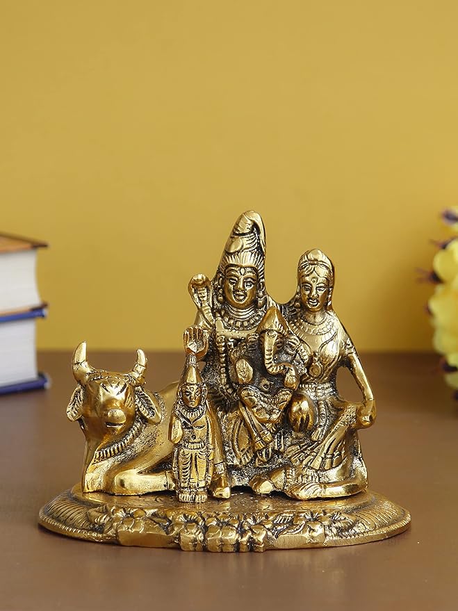 Ecraftindia Golden Metal Handcrafted Lord Shiva, Parvati, Kartik, and Ganesha Idol Sitting on Nandi Animal Figurine Decorative Showpiece