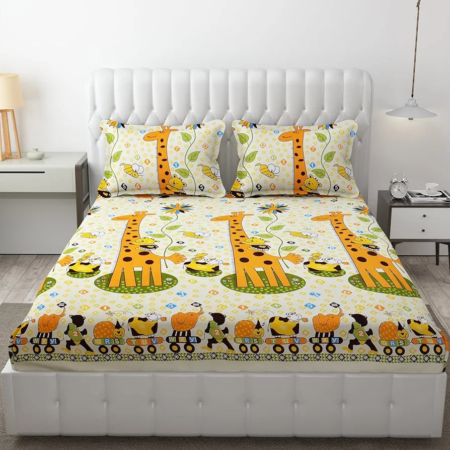 Fresh From Loom Bed Sheet Cartoon Printed Double Bed King Size Kids Bedsheet Yellow 144 TC Cream and Yellow