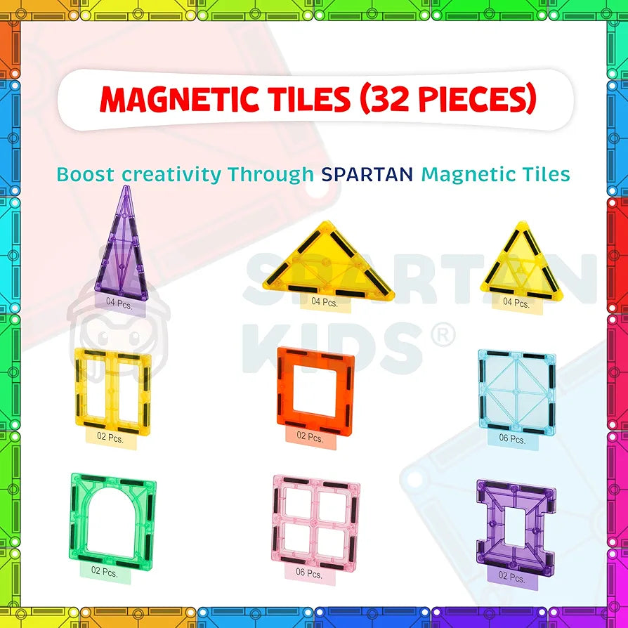SPARTAN KIDSยฎ Premium Magnetic Tiles for Kids Magnetic Building Blocks for Kids 3 4 5 6 7 8 Years, Constructing & Learning Builder Educational Kids Magnetic Blocks Game