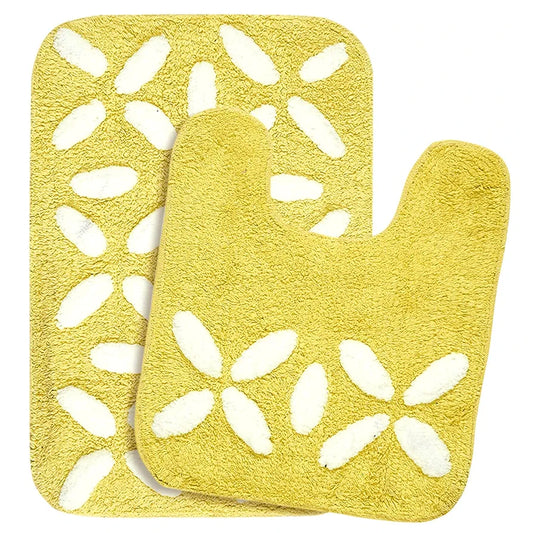 Saral Home Cotton Rectangular Bathmat With Contour Mat Colour Yellow