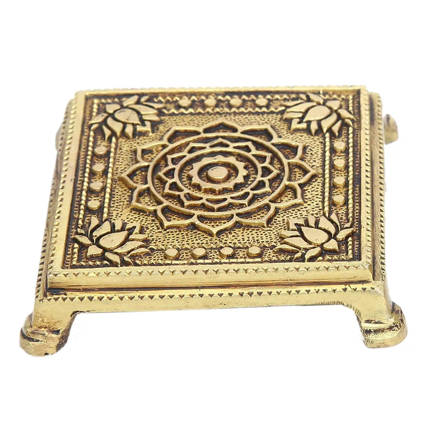 anciently Brass Pooja Chowki Square with Lotus Design | Sqaure Brass Chowki for Puja, Brass, Gold Colour, 1 Piece