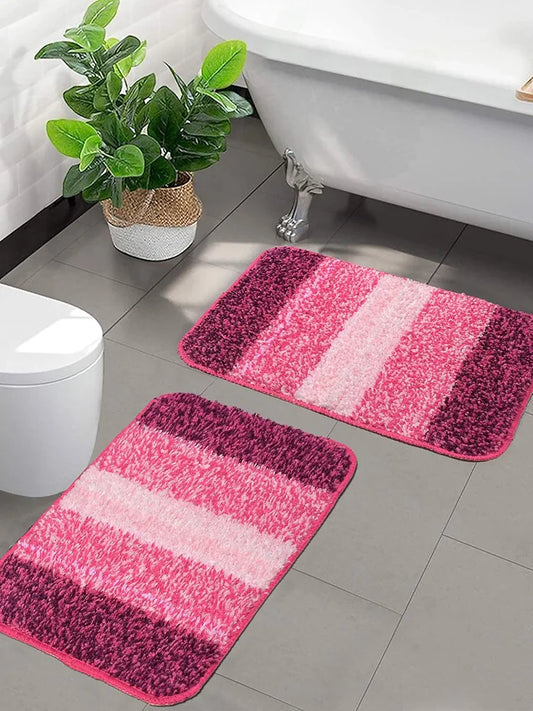 Saral Home Microfiber Striped Rectangle Shaped Anti-Skid Bath Mats Colour Pink (Pack of 2)