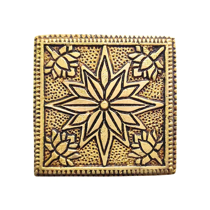 anciently Brass Pooja Chowki Square with Flower Design | Sqaure Brass Chowki for Puja, Brass, Gold Colour, 1 Piece