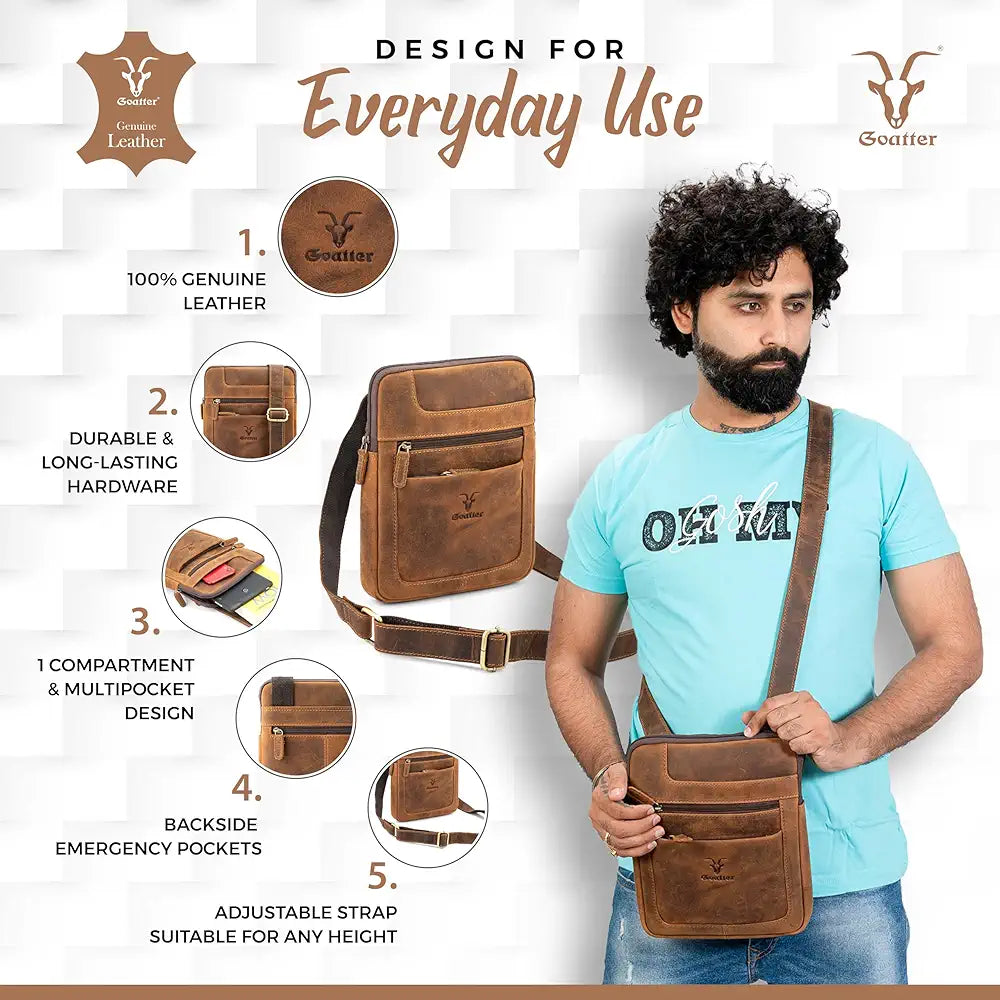 Goatter Genuine Leather Slim Design Multi Pocket 11" Inch Messenger Sling Bag For Men,
