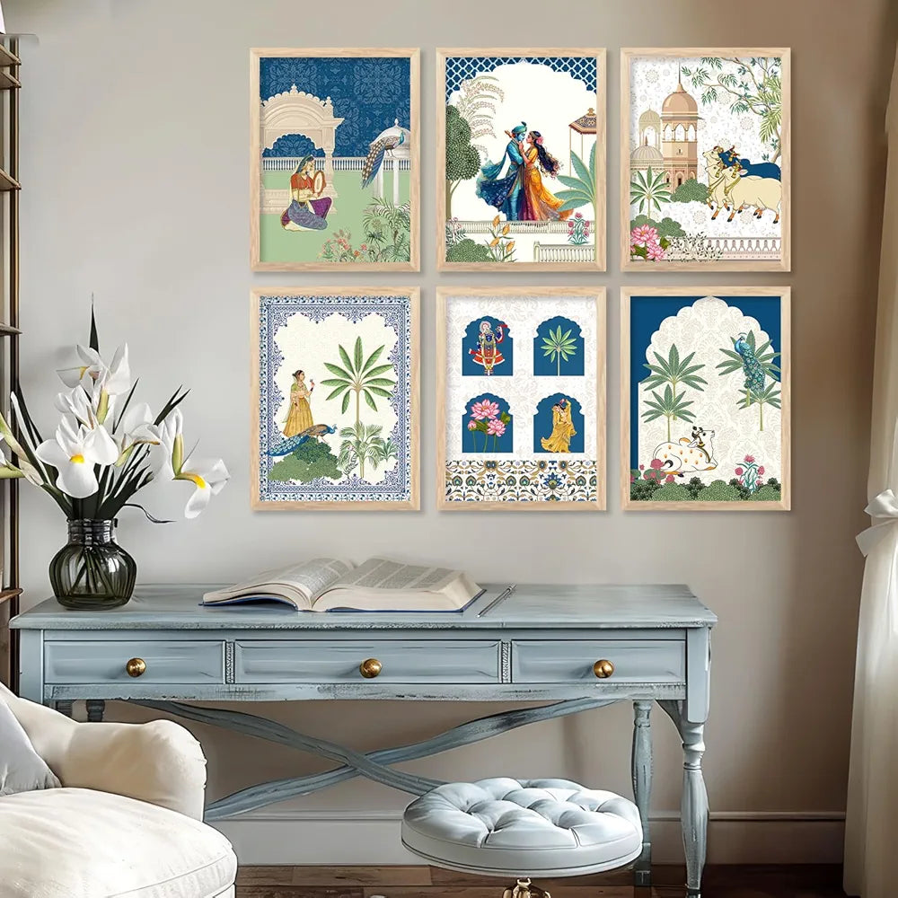 Kotart Framed Wall Painting Traditional Indian Wall Art Madhubani Paintings set of 6 C