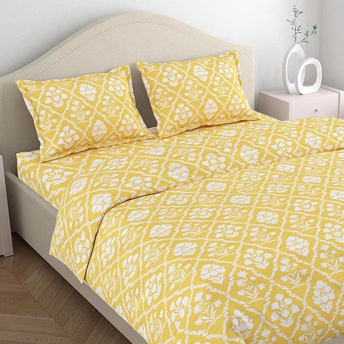 Haus & kinder Cotton Queen Size Bedsheet for Double Bed (90 X 100 Inches) with 2 Pillow Covers | 186 TC | Beige & White