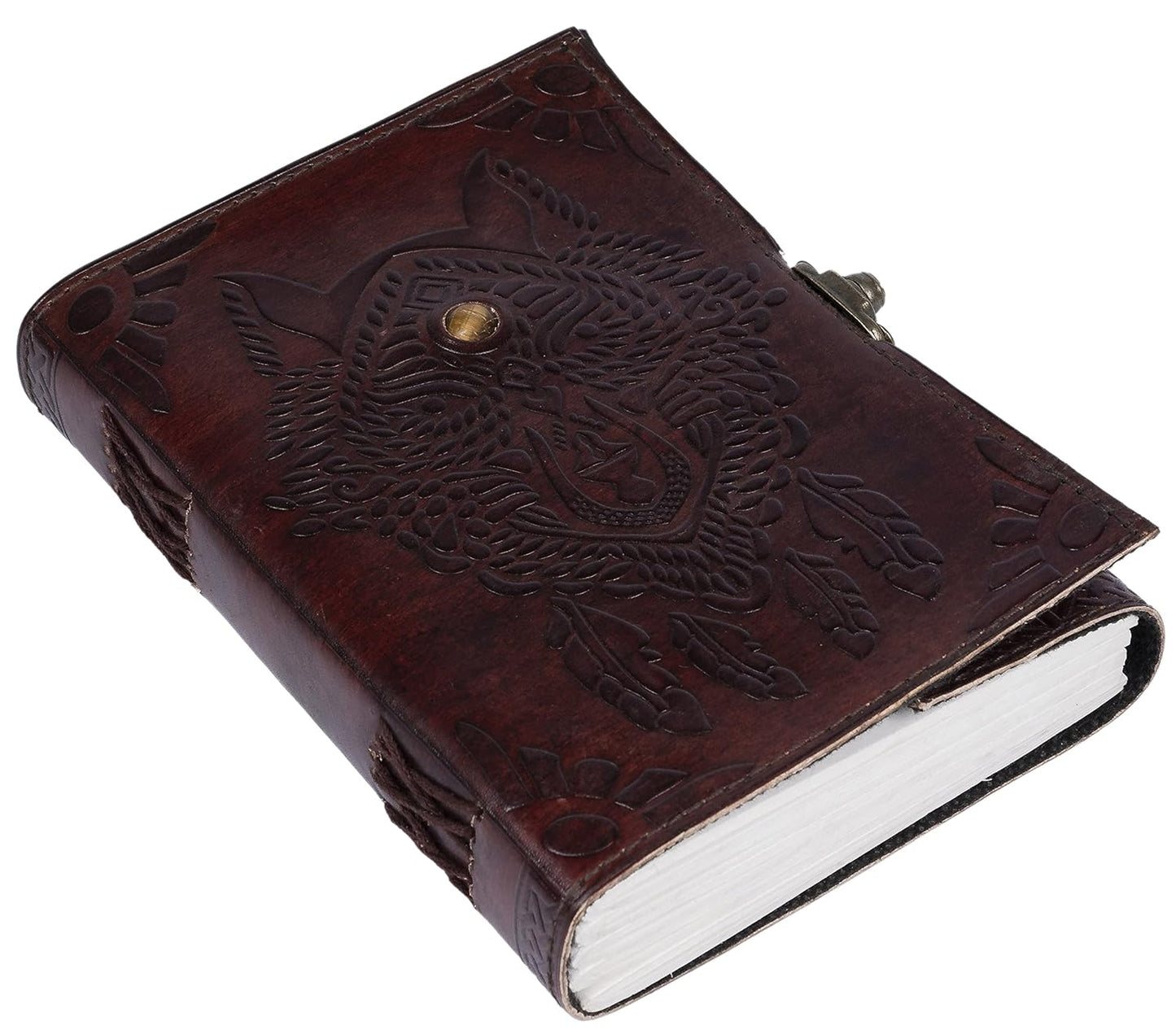 CraftShades- Handmade Leather Diary Embossed with star, journey & double wolf Diary with Antique Lock for Artist Sketchbook, Scrapbook, Drawing, Writing etc .Size 5 * 7 inch (WOLF WITH STONE)