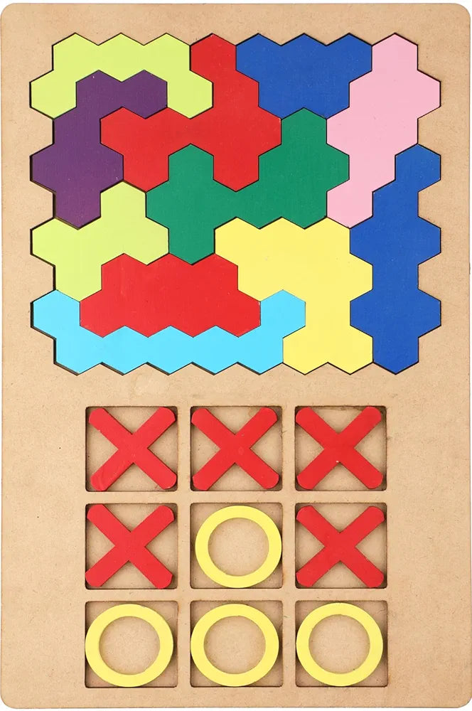 SPARTAN KIDSยฎ 3D Wooden Hexagon Puzzle & Classic Tic Tac Toe Game - Montessori Educational Toy for Kids, Creative Shape Pattern Block, Two-in-One Early Learning Toy