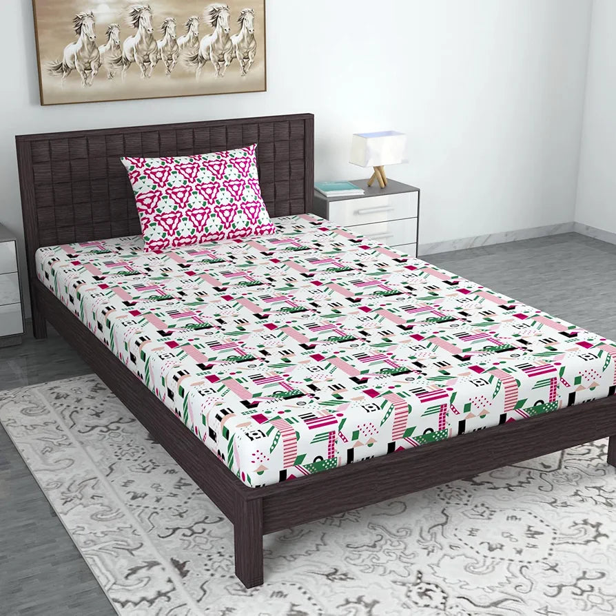 Divine Casa Bedsheet for Single Size Bed 144 TC Cotton Bedsheet for Single Size Bed with 1 Pillow Cover Abstract Colour Pink & White