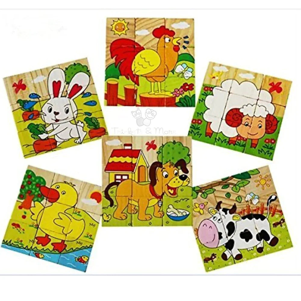 Trinkets & More - 3D Jigsaw Puzzle Wooden Cube Block 6 Face 9 Pieces with Storage Tray Kids 3+ Years
